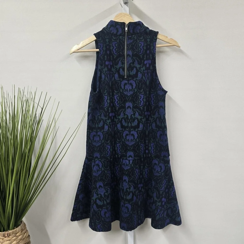 Free People Blue Purple Damask Sleeveless Mock Neck Drop Waist‎ Mini Dress XS